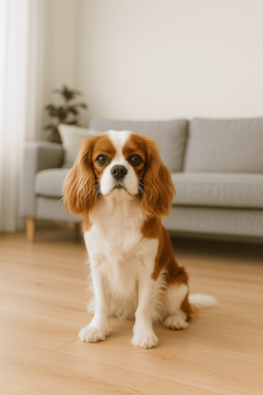 Cavalier King Charles Spaniel sentado en un departamento moderno y minimalista, con luz natural y un sofá gris de fondo.